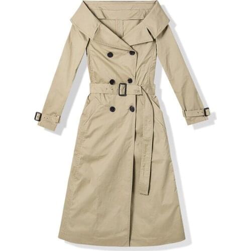 Autumn Sexy Off Shoulder Trench Coat For Women Elegant Slim X-Long Windbreaker Female Double breasted Sash Casual Outwear