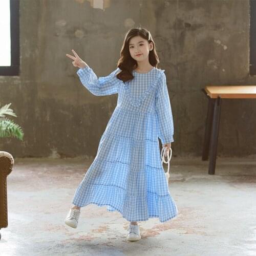 8 10 12 years Dress Girls Elegant Blue Plaid Summer Autumn Maxi Dresses Cotton Loose Casual Teen Clothes