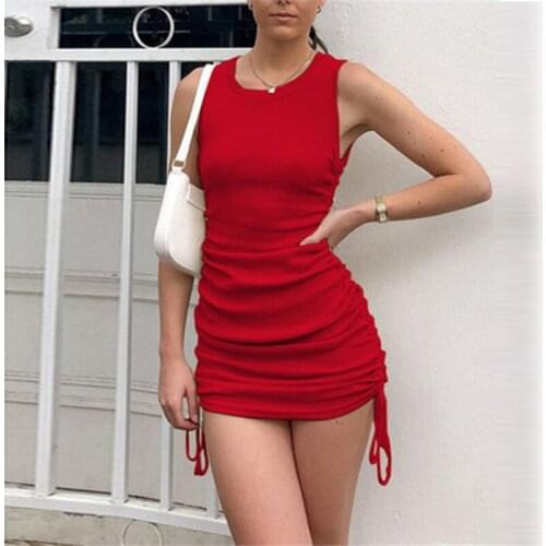 Womans Red Sexy Slim-fit Bag Hip Vest Dress Female Clothing Ladies O-neck Drawstring Party Dress Sleeveless Elastic Mini Dress