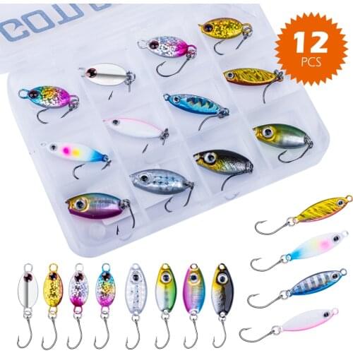 Goture 12pcs/lot Small Micro Jig Shore Casting Metal Spoon Jigging Fishing Lure Set Ice Fishing Bait with Box