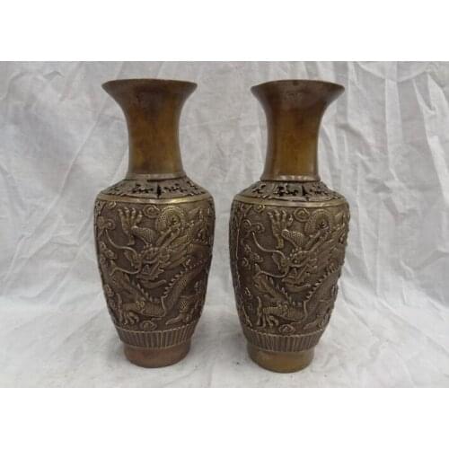 S02042 10" Chinese Bronze Copper Buddhism Fly Dragon Head Statue Bottle Vase Pot Pair