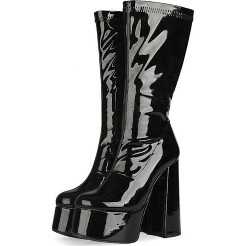 Fashion Women High Boots Platform Patent Leather Knee High Boots Female Strippers Heels Autumn Winter Red White Party Long Shoes