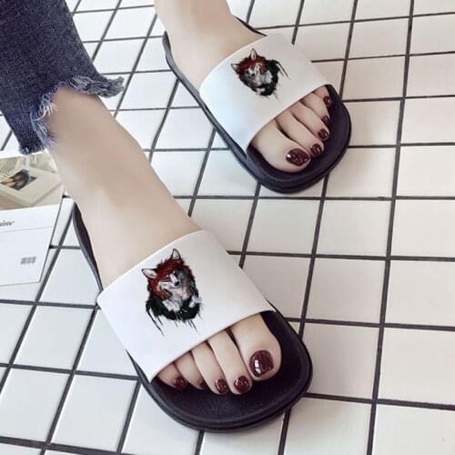 2021 Fashion Shoes for Woman slippers Harajuku Shoes Women Wolf Cartoon Graphic Slippers Summer Casual Flip Flops Sandals Women