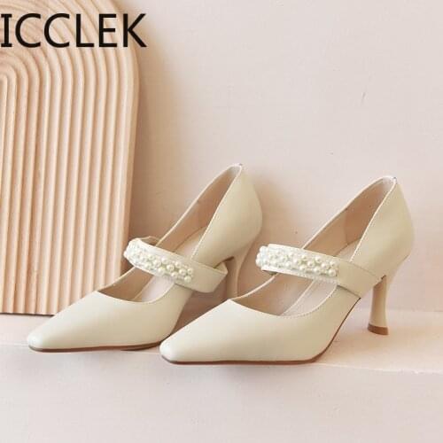 Small Square-Toe Elegant Beige Office Womens Shoes Thin Heel Comfortable Commuter Style High Heels Set Foot Pearl String