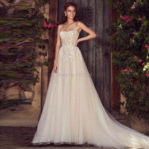Vestido De Noiva A Line Tulle Wedding Dresses Lace Appliques Strapless Sleeveless Zipper Robe De Mariee Bridal Gowns Court Train
