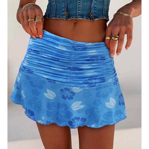 2021 New Summer Fashion Women Floral Print Mini Skirts Flower Pattern High Waist Pleated Mini skirt High Street A-line Skirts