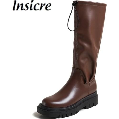 Insicre 2021 Fashion Women Knee High Boots Brown Round Toe Thick Low Heels Non Slip Platform Cow + Pu Leather Size Elastic Band