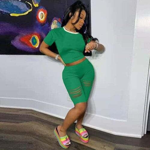 Green Hole Hollow Two Piece Set for Women Hipster Biker Style Short Sleeve O-neck T-shirt Top and Skinny Midi Pant Streetwear