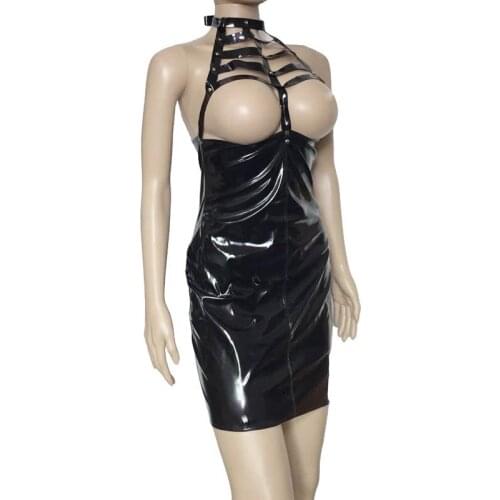 Women Neck Zipper Back Mistress Role Play Fetish Sexy Costume Wet Mini Dress Caged Halter Sexy Dress Leather Dress