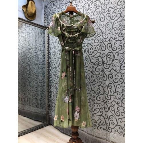 Newest Fashion Summer Dress 2021 High Quality Designer Clothes Women Elegant Floral Print Ruffle Deco Short Sleeve Green Dress