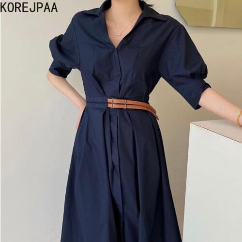 Korejpaa Women Dress 2021Summer Korean Fashion Retro Elegant Lapel Double Belt Waist Slim Solid Color Bubble Sleeve Long Dresses