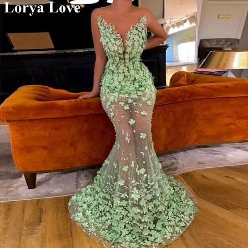 Green Illusion Mermaid Evening Dresses 2020 Sexy Women Formal Party Robe De Soiree Elegant Tulle Vestidos Long Prom Maxi Dress