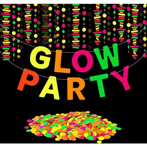 8Pcs Neon Paper Garland Circle Dots Garland Banners with Round Hanging Decor Black Light in The Dark Glow Birthday Wedding Party
