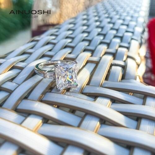AINUOSHI 925 Sterling Silver Radiant Cut 10x12mm SONA Diamond Engagement Rings For Women True Love Promise 3 Stone Rings
