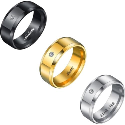 Engrave Letters Words Stainless Steel Rings For Women Men Gold Silver Black Custom 8mm Square Crystal Ring Jewelry Birthday Gift