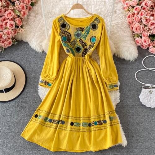 Jastie 2021 Bohemian Ethnic Embroidery Dresses Casual Holiday O Neck Long Sleeve Autumn Dress Elegant Women Mid Dress