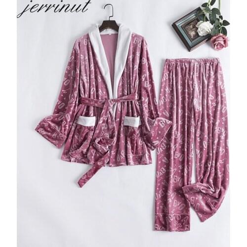 Jerrinut Queenral 2pcs Gold Velvet Warm Winter Pyjamas Lingerie Pijama Sets Bathrobe Suit Sleepwear Pajamas For Women Homewear