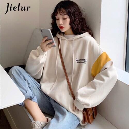 Jielur 2021 Street Green Beige Female Sweatshirt Embroidered Letter Winter Thick Fleece Tracksuit M-XL Leisure Hoodies Pullover