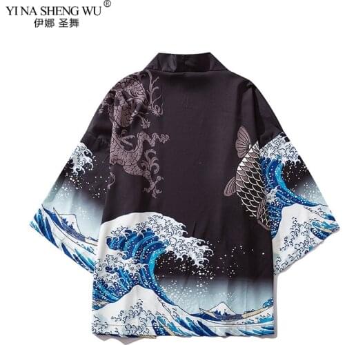 Black Kimono Cardigan Women Men Japanese Obi Male Yukata Mens Haori Japanese Wave Carp Print Coat Traditional Japan Clothes New