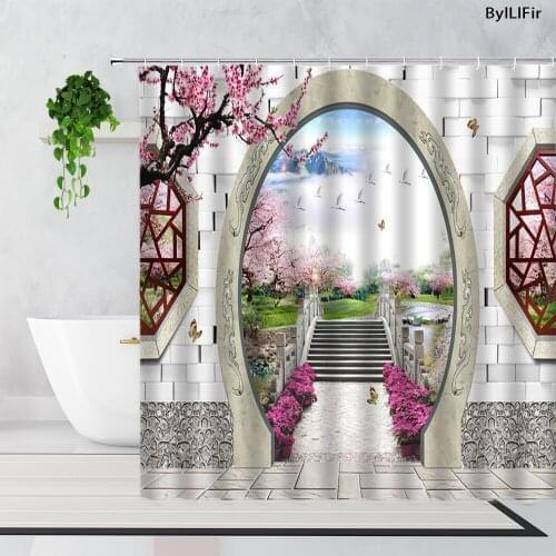 Chinese Flowers Round Arch Door Shower Curtains Retro Stone Corridor Art Design Polyester Printing Bathroom Curtain With Hooks