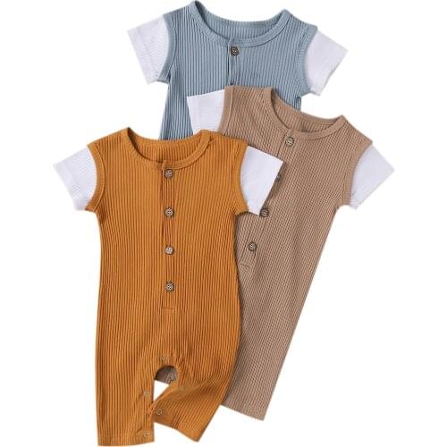 0-24M Newborn Baby Boy Girl Jumpsuits Short Sleeve Single Breasted Cotton Color Patchwork Rompers Baby Clothes