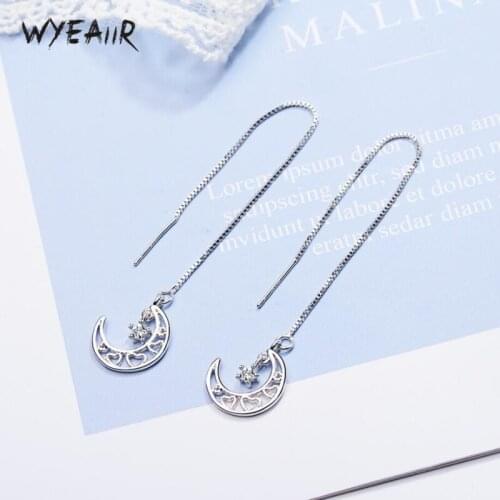 WYEAIIR Korea Fashion Cute Moon Personality Literary Rhinestone Star Earrings Tassel 925 Sterling Silver Female Dangle Earrings