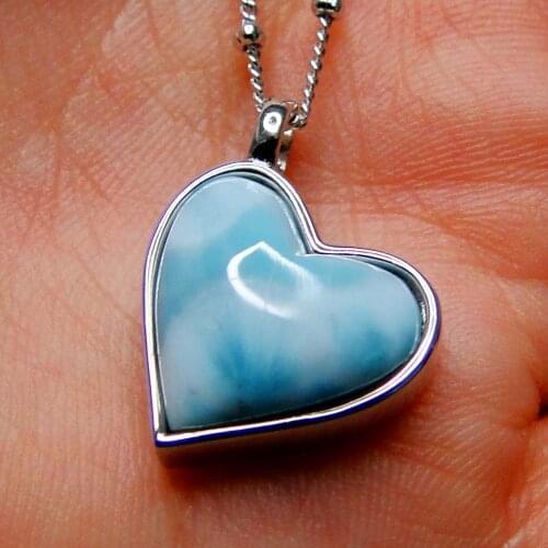 Beautiful Solid 925 Sterling Silver Natural Dominica Larimar Heart Pendant Necklace Womens Jewelry For Gift