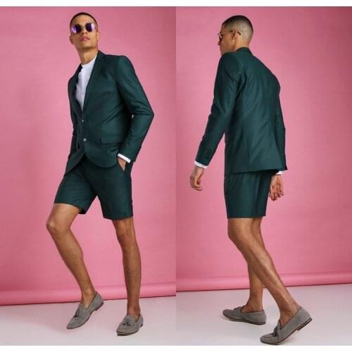 Summer Dark Green Wedding Tuxedos Summer Beach Short Two Button Groom Wear Formal Dinner Prom Party Blazer Suits(Jacket+Pants)