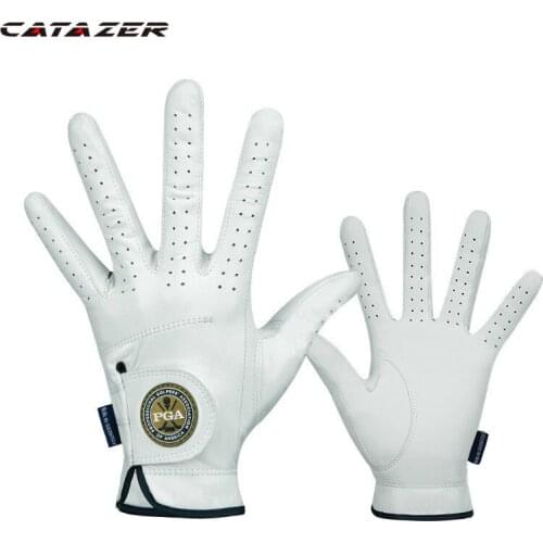Catazer Men 100% Full Genuine Leather Golf Gloves All Sheep Skin Velcro Non-Slip Single Piece Sunscreen Sports Gloves Left Right
