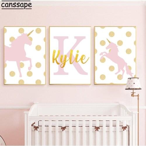 Unicorn Poster Personalized Girl Name Wall Art Print Nursery Canvas Painting Nordic Wall Pictures For Baby Room Decoration