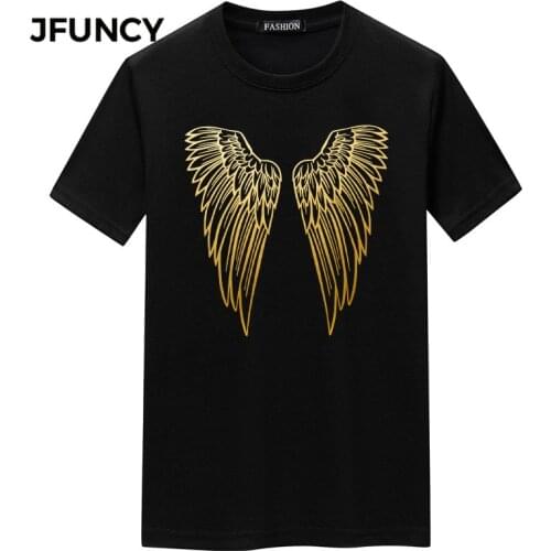 JFUNCY Mens Shirts Oversize Short Sleeve Men Streetwear Tshirt Angel Wings Print Harajuku Top Casual Male Clothes Man Tee Shirt