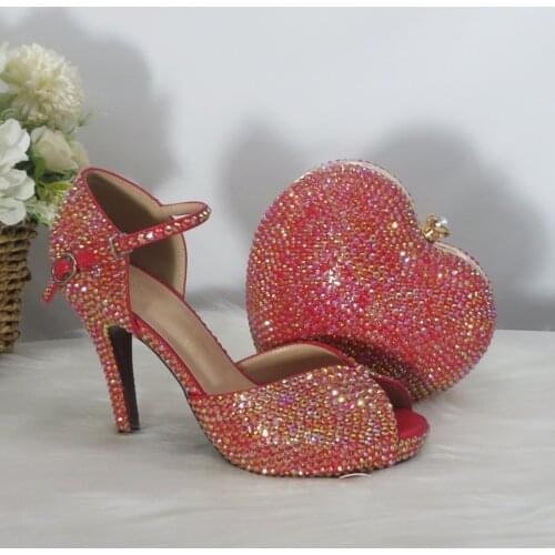 BaoYaFang Red Bling Crystal Summer Sandal Woman High heels Platform Shoes Ladies Big size Open Toe wedding shoes bag set Bride