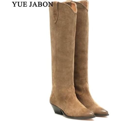 Suede Genuine Leather Western Cowboy Boots Pointed Toe Slip On Rome Long Boots Runway Wedge Chunky Heels Knee High Boots Women