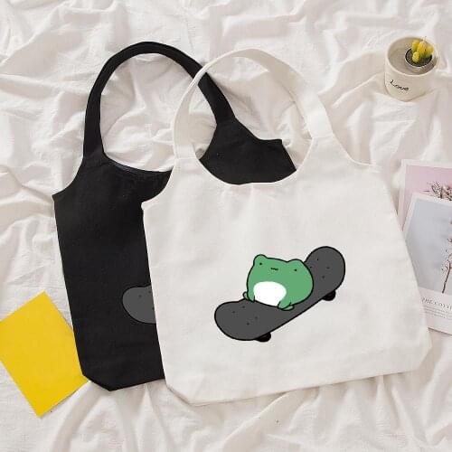 Cute Skateboard Frog Graphic Print Canvas Bag Female Shoulder Bag Vintage Fashion Eco Tote Shopping Bags for Women Harajuku Bags