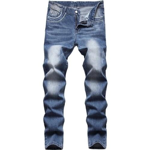 Blue Jeans Mens straight Slim Wash White modern stylish Denim Pants Fashionable Pockets Large Size Trousers