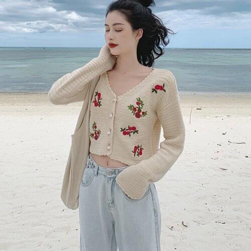 Women Autumn Sweater Girls Casual V-neck Sweaters Vintage Embroidery Cardigan Tops