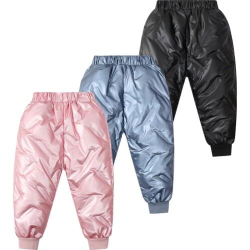 Warm White Duck Down Pants For Boys Winter Thermal -15 C Girls Trousers Shinning Fabric Fashion Children Kids Clothes