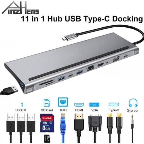PINZHENG 11-In-1 USB Type C HUB To 3.0 USB HDMI VGA For MacBook Pro RJ45 USB 3.0 HUB Accessories USB Splitter USB-C HUB Adapter