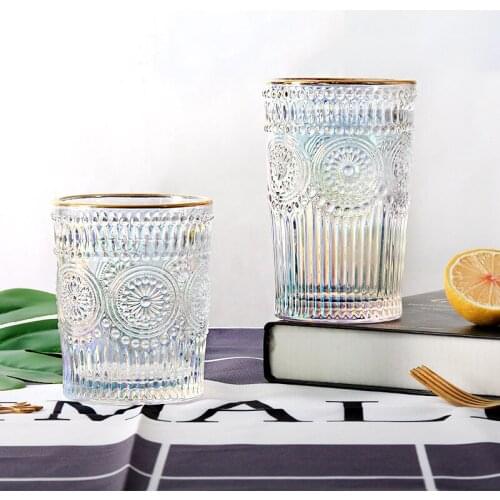 Vintage Relief Glass Cup Transparent Tea Coffee Mug Ice Beer Cup Heat Resistant Insulated Glass Cup Sun Flower Milk Juice Mug