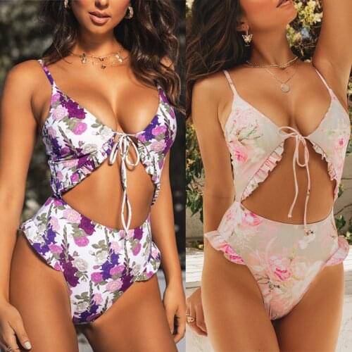 Vintage Floral One-piece Swimsuit Women Swimwear Deep V-neck Front Lace-up Hollowed Monokini Sexy Backless Bathing Suit Biquini