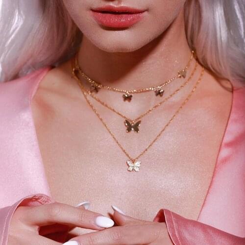 Women Fashion Sweet Gold Color Butterfly Animal Pendant Multilayer Necklace Tassel Chain Clavicle Party Wedding Jewelry Gift