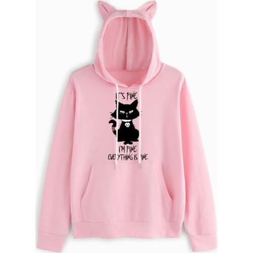 2021 Spring Autumn Women Hoodies Kawaii Cat Ears Fashion Kangaroo Pocket Hoody Casual Pink Sweatshirt Hoodies for Women