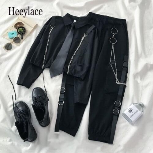 Women Sets New Style Suit Korean Loose Tie Shirt + High-Waisted Two-Piece Personality Overalls Vintage Harajuku Dropshiping Punk