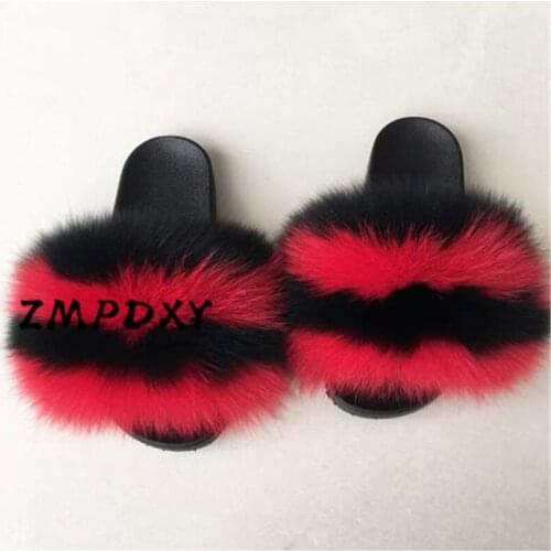 Ladies/Childrens Summer Fox Fluffy Sliders Women Real Fox Fur Slippers Womans/Kids Plush Furyy Flip Flops Plus Size EU28-45