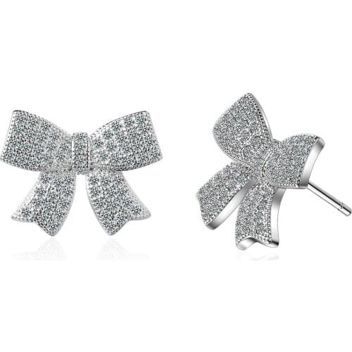 Luxury Fashion Sweet Bow Bowknot Zircon 925 Sterling Silver Stud Earrings For Women Korean Bling Designer Charms Jewelry Gifts