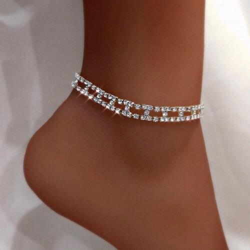 Boho Geometric Rhinestone Anklet Foot Jewelry For Women Punk Metal Chunky Cuban Link Chain Ankle Crystal Pendant Barefoot Chain