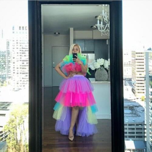 Colorful Tulle Women Set 2019 Puffy Lush High Low Skirts With Mini Tops Plus Size Female Formal Party Set Custom Made