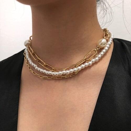 Lalynnly Vintage Imitation Pearl Chain Necklace For Women Layered Chunky Choker Chain Necklaces Gold Sliver Color Jewelry N7711