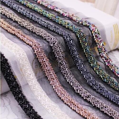 20Yards Champagne Grey Black Pearl Beaded Embroidered Rhinestones Applique Mesh Lace Trim Fabric Collar For Wedding Dress