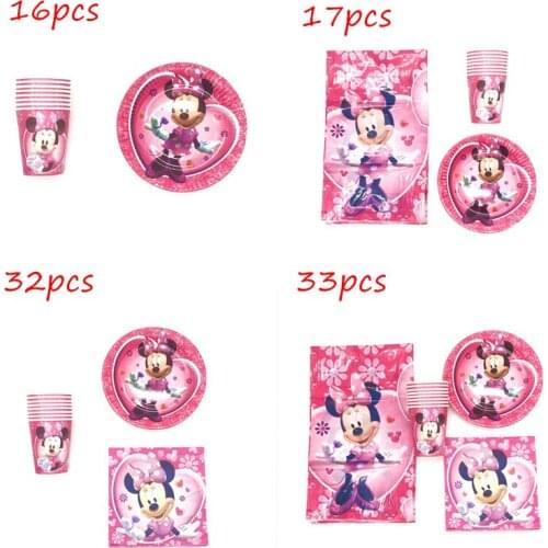 33pcs/lot Disney Minnie Mouse Theme Birthday Party Decorations Cup Plate Napkin Tablecloth Girl Baby Shower Disposable Tableware